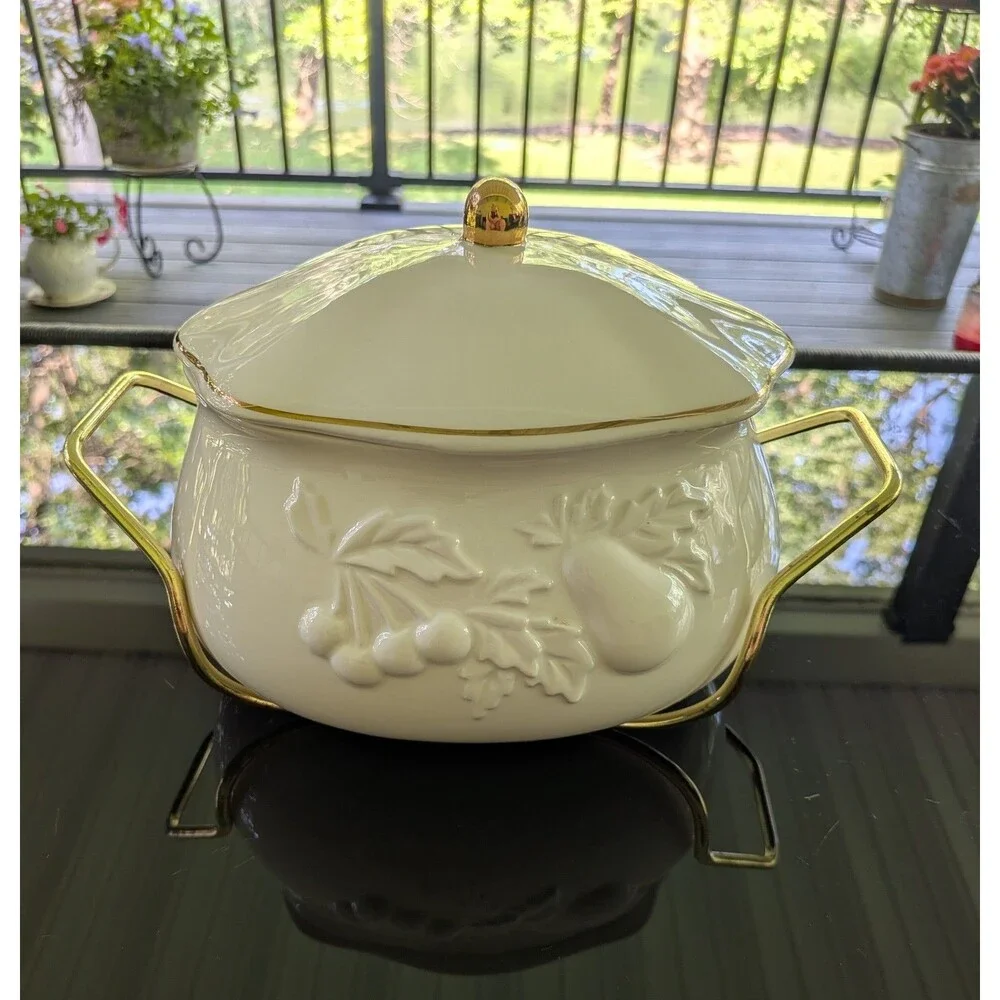 Teleflora Soup Tureen Serving Bowl Lidded Metal Rack Gold Accents Fruit Designs